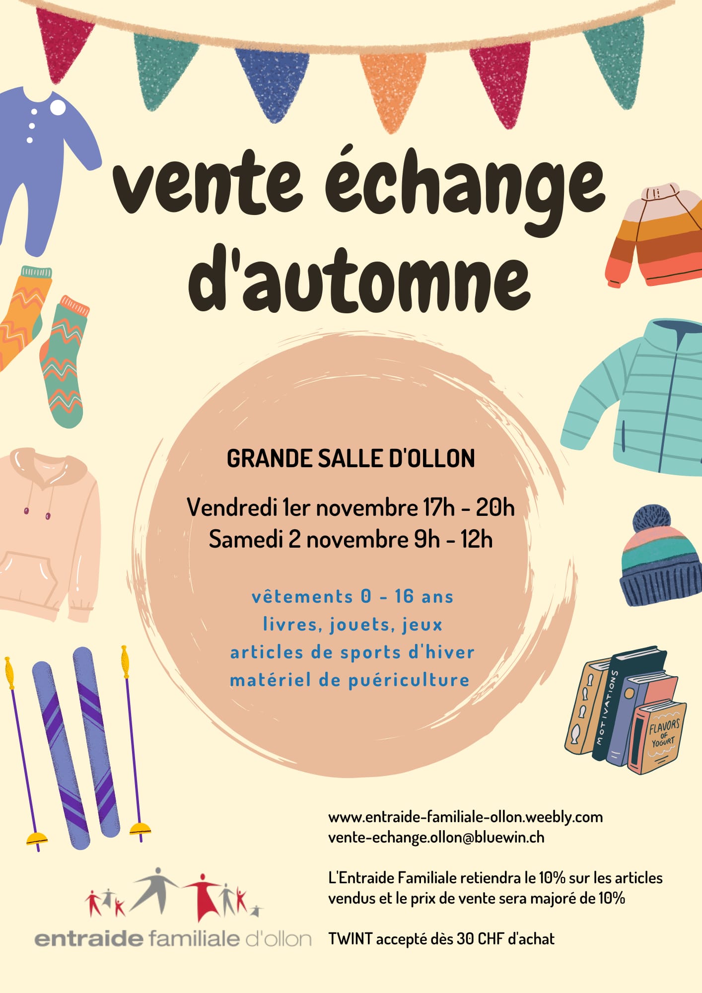 Vente échange d'automne, grande salle d'ollon, Vendredi 1er novembre 17h-20h, samedi 2 novembre 9h-12h.